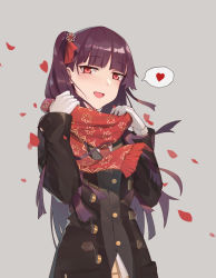 Rule 34 | 1girl, bad id, bad pixiv id, belt buckle, black coat, blush, breasts, buckle, coat, enpera, girls&#039; frontline, gloves, grey background, hair ornament, hair ribbon, half-closed eyes, happy, heart, highres, holding, holding clothes, holding scarf, jiachong jun z, long hair, long sleeves, looking at viewer, medium breasts, miniskirt, necktie, official alternate costume, open clothes, open mouth, overcoat, petals, plaid, plaid skirt, pleated skirt, purple hair, red eyes, red necktie, red ribbon, red scarf, ribbon, scarf, school uniform, serafuku, shirt, side ponytail, simple background, skirt, smile, snowflake hair ornament, snowflake print, solo, tsurime, very long hair, wa2000 (date in the snow) (girls&#039; frontline), wa2000 (girls&#039; frontline), white gloves, white shirt, winter clothes, winter coat