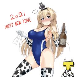 Rule 34 | 1boy, 1girl, 2021, absurdres, alcohol, animal print, blonde hair, blue eyes, blue one-piece swimsuit, blush, bottle, braid, breasts, cleavage, commentary request, competition swimsuit, cow print, cowboy shot, cup, drinking glass, elbow gloves, french braid, gloves, happy new year, highleg, highleg swimsuit, highres, holding, kantai collection, kinakomochi (testament05), long hair, looking at viewer, medium breasts, new year, nose blush, one-piece swimsuit, simple background, solo focus, swimsuit, t-head admiral, thighhighs, warspite (kancolle), white background, white gloves, white thighhighs, wine, wine glass