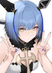 Rule 34 | 1girl, azur lane, bare shoulders, blue hair, blue nails, breasts, choker, cleavage, commentary request, cross, cross-shaped pupils, cross necklace, double v, dress, expressionless, floating headgear, gascogne (azur lane), hair ornament, hands up, headgear, highres, jewelry, looking at viewer, mechanical ears, multicolored hair, necklace, oregano (olgn eao), parted lips, partial commentary, portrait, short hair, signature, simple background, solo, strapless, strapless dress, streaked hair, symbol-shaped pupils, v, white background, white dress, yellow eyes