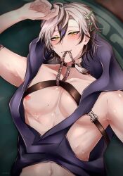Rule 34 | 1boy, black hair, breasts, chest strap, choker, clothing cutout, collar, earrings, grey hair, highres, jewelry, leash, leash in mouth, looking at viewer, lying, male focus, midriff, mole, mole on breast, mole under mouth, multicolored hair, navel, nipples, nu carnival, on back, pectoral cleavage, pectorals, rei (nu carnival), short hair, side cutout, slit pupils, smile, strap, wet, yadome810