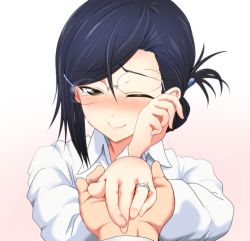 Rule 34 | 1girl, ;), bad id, bad pixiv id, black hair, blush, brown eyes, collared shirt, commentary request, eyewear lift, glasses, hair ornament, hairclip, happy, happy tears, highres, holding hands, jewelry, long sleeves, one eye closed, original, pov, pov hands, marriage proposal, ring, saeki haruko, shirt, smile, solo focus, take (shokumu-taiman), tears, wavy mouth, wedding band, white shirt, wiping tears