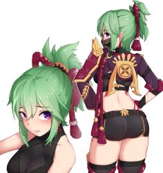 Rule 34 | 1girl, armor, ass, blush, breaaad, breasts, embarrassed, from behind, genshin impact, green hair, hair ornament, highres, kuki shinobu, long hair, looking at viewer, looking back, mask, medium breasts, ninja, ponytail, purple eyes, rope, shimenawa, shiny clothes, shiny skin, short shorts, shorts, simple background, smile, solo, thick thighs, thighhighs, thighs, white background