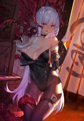 Rule 34 | 1girl, absurdres, alternate costume, arm under breasts, azur lane, bare shoulders, black gloves, black leotard, blue eyes, blush, box, breast hold, breasts, broken, broken chain, chain, cleavage, collar, covered navel, elbow gloves, gloves, gluteal fold, highleg, highleg leotard, highres, indoors, large breasts, leotard, long hair, metal collar, money, open mouth, original, pantyhose, pound sign, swd3e2, tentacles, thigh gap, thigh grab, thigh strap, torn clothes, torn legwear, very long hair, white hair