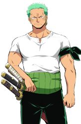 Rule 34 | 1boy, absurdres, bara, blush, earrings, green hair, highres, jewelry, looking at viewer, male focus, muscular, muscular male, one piece, pants, pectorals, pouting, roronoa zoro, scar, scar across eye, shirt, short hair, single earring, solo, standing, udon oneday