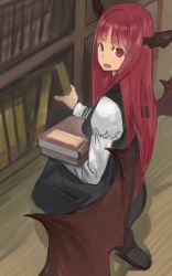 Rule 34 | 1girl, :o, bad id, bad twitter id, bat wings, black dress, book, book stack, bookshelf, commentary request, dress, dress shirt, expressionless, full body, head wings, highres, holding, holding book, juliet sleeves, koakuma, large wings, long hair, long sleeves, looking at viewer, looking back, murasusu, one-hour drawing challenge, puffy sleeves, red eyes, red hair, shirt, solo, squatting, touhou, very long hair, wings