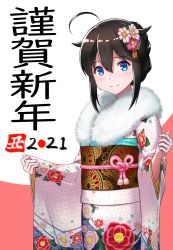 Rule 34 | 1girl, 2021, absurdres, ahoge, akeome, alternate hairstyle, blue eyes, braid, commentary request, cowboy shot, floral print, flower, fur-trimmed kimono, fur trim, hair flaps, hair flower, hair ornament, happy new year, highres, japanese clothes, kantai collection, kimono, looking at viewer, new year, porupurucha, shigure (kancolle), shigure kai ni (kancolle), solo, two-tone background, white background, white kimono