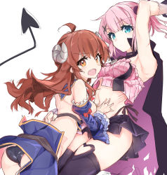 Rule 34 | 2girls, absurdres, ahoge, arm up, ass, black cape, black legwear, breasts, cape, chiyoda momo, curled horns, demon girl, demon horns, demon tail, detached sleeves, fang, hair ornament, highres, horns, long hair, looking at viewer, machikado mazoku, magical girl, medium breasts, midriff, multiple girls, narumiya (empty cafe), navel, open mouth, orange eyes, pink hair, red hair, scar, short hair, simple background, sketch, skin fang, tail, thighhighs, white background, x hair ornament, yoshida yuuko (machikado mazoku)