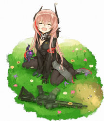 Rule 34 | 1girl, :d, ^ ^, armband, blush, breasts, bug, butterfly, cleavage, closed eyes, commentary request, dinergate (girls&#039; frontline), closed eyes, fang, flower, girls&#039; frontline, grass, bug, long hair, long sleeves, m4 sopmod ii, m4 sopmod ii (girls&#039; frontline), medium breasts, multicolored hair, numazume, on ground, open mouth, pink hair, red hair, sitting, smile, streaked hair, very long hair, wariza, white background, zipper