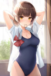 Rule 34 | 1girl, absurdres, adjusting hair, arms behind head, blunt bangs, blush, bob cut, bow, bowtie, breasts, cleavage, collarbone, commentary request, covered navel, duplicate, highres, looking at viewer, medium breasts, mouth hold, open clothes, open shirt, original, red bow, red bowtie, school swimsuit, shirt, short hair, short sleeves, solo, swimsuit, swimsuit under clothes, thighs, white shirt, yellow eyes, yukiunag1
