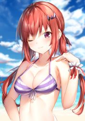 Rule 34 | 1girl, bare arms, bare shoulders, bat hair ornament, bikini, blue sky, blurry, blurry background, breasts, cleavage, closed mouth, cloud, cloudy sky, collarbone, commentary request, day, depth of field, fang, fang out, front-tie bikini top, front-tie top, gabriel dropout, glint, hair ornament, hair ribbon, halterneck, hand up, highres, long hair, looking at viewer, low twintails, medium breasts, ocean, one eye closed, outdoors, pink eyes, purple bikini, red hair, ribbon, satanichia kurumizawa mcdowell, scrunchie, shiero., sidelocks, sky, smile, solo, stomach, striped bikini, striped clothes, swimsuit, twintails, upper body, v-shaped eyebrows, wrist scrunchie