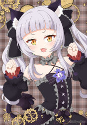 Rule 34 | 1girl, :3, :d, animal ear fluff, animal ears, bare shoulders, black bow, black dress, black sleeves, bow, brown bow, cat ears, cat girl, cat tail, center frills, commentary request, detached sleeves, dress, fang, frilled dress, frills, gears, grey hair, hair bow, hands up, highres, hololive, long hair, long sleeves, looking at viewer, mitya, murasaki shion, murasaki shion (gothic lolita), open mouth, orange eyes, plaid, plaid background, puffy long sleeves, puffy sleeves, sleeves past wrists, smile, solo, tail, twintails, twitter username, very long hair, virtual youtuber