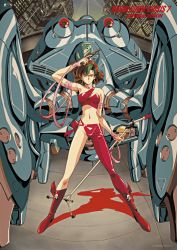 Rule 34 | 1980s (style), 1girl, absurdres, arm up, artist request, asymmetrical clothes, brown hair, bubblegum crisis, city, copyright name, earrings, facing viewer, green hair, gun, handgun, highres, holding, holding gun, holding weapon, jewelry, legs apart, looking at viewer, mecha, microphone, microphone stand, multicolored hair, navel, non-web source, oldschool, outdoors, poster (medium), reika chang, retro artstyle, revolver, ribbon, robot, scan, single pantsleg, skull and crossbones, solo, sonoda ken&#039;ichi, standing, two-tone hair, urushihara satoshi, vision (bubblegum crisis), weapon