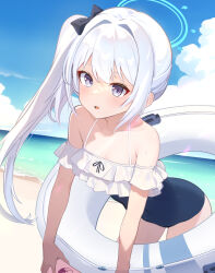 Rule 34 | 1girl, bare arms, bare legs, bare shoulders, beach, black one-piece swimsuit, blue archive, blue halo, blush, cellphone, collarbone, cowboy shot, day, frilled one-piece swimsuit, frills, grey hair, halo, highres, holding, holding phone, innertube, long hair, miyako (blue archive), miyako (swimsuit) (blue archive), ocean, off-shoulder one-piece swimsuit, off shoulder, official alternate costume, one-piece swimsuit, open mouth, outdoors, phone, ponytail, purple eyes, smartphone, solo, swim ring, swimsuit, zhnyy3