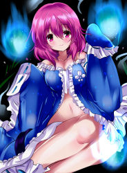 Rule 34 | 1girl, bare shoulders, blue dress, breasts, commentary request, dress, highres, hitodama, japanese clothes, kimono, long sleeves, looking at viewer, navel, no headwear, no headwear, pink eyes, pink hair, saigyouji yuyuko, short hair, sketch, sleeves past wrists, smile, solo, tonchinkan, touhou