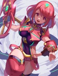 Rule 34 | 1girl, aegis sword (xenoblade), black gloves, breasts, chest jewel, earrings, fingerless gloves, gem, gloves, headpiece, highres, jewelry, large breasts, pyra (xenoblade), red eyes, red hair, red shorts, saburou (jako), short hair, short shorts, shorts, solo, swept bangs, sword, thighhighs, tiara, weapon, xenoblade chronicles (series), xenoblade chronicles 2