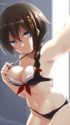 Rule 34 | 1girl, ahoge, bare arms, bare shoulders, bikini, black bikini, bow, braid, breasts, brown hair, cleavage, closed mouth, commentary request, front-tie top, hair between eyes, hair bow, hair flaps, hair ornament, head tilt, kantai collection, looking at viewer, medium breasts, nagami yuu, navel, outstretched arm, reaching, reaching towards viewer, red bow, selfie, shigure (kancolle), shigure kai ni (kancolle), side braid, single braid, smile, solo, swimsuit
