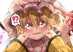 Rule 34 | !?, 2girls, absurdres, blonde hair, blouse, cheek pinching, collared shirt, commentary request, crystal, female pov, flandre scarlet, frilled shirt collar, frills, green nails, hair between eyes, hat, hat ribbon, highres, komeiji koishi, long sleeves, looking at viewer, mahoro (minase mahoro), mob cap, multiple girls, nail polish, open mouth, pinching, pov, red eyes, red nails, red ribbon, ribbon, shirt, touhou, white background, white headwear, white shirt, wings, yellow shirt