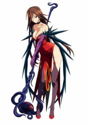 Rule 34 | breasts, brown hair, choker, cleavage, dress, green eyes, hair over one eye, heart, long hair, nyx (queen&#039;s blade), queen&#039;s blade, staff
