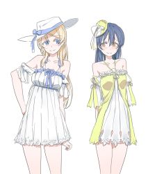 Rule 34 | 10s, 2girls, ayase eli, bare shoulders, blonde hair, blue eyes, blue hair, collarbone, contrapposto, dress, free style (yohan1754), hair between eyes, hair down, hand on own hip, hat, highres, long hair, love live!, love live! school idol festival, love live! school idol project, multiple girls, simple background, smile, sonoda umi, standing, sun hat, white background, white dress, yellow dress, yellow eyes