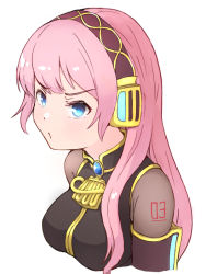Rule 34 | 1girl, angry, armband, black shirt, breasts, commentary, cropped torso, gold trim, headphones, long hair, matsuhisa (ryo-tsuda1), medium breasts, megurine luka, pink hair, pouty lips, see-through, shirt, shoulder tattoo, solo, tattoo, upper body, v-shaped eyebrows, vocaloid, white background