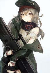 Rule 34 | 1girl, absurdres, assault rifle, bad id, bad pixiv id, bags under eyes, blush, brown eyes, bullpup, caseless firearm, clothing cutout, coat, cowboy shot, g11 (girls&#039; frontline), girls&#039; frontline, gradient background, green coat, gun, h&amp;k g11, hair between eyes, hat, heckler &amp; koch, highres, holding, holding weapon, horizontal magazine, light particles, long hair, looking at viewer, messy hair, multiple girls, nekojita (ika neko46), open clothes, open coat, open mouth, personification, prototype design, rifle, scarf, scarf on head, scope, shirt, short shorts, shorts, shoulder cutout, sidelocks, silver hair, simple background, solo, thighhighs, thighs, very long hair, weapon