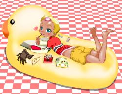 Rule 34 | 00s, 1girl, barefoot, blonde hair, blue eyes, blush, book, boro, chat (tales), child, dark-skinned female, dark skin, feet, food, gloves, heart, lying, pocky, red shirt, rubber duck, shirt, short hair, smile, soles, solo, tales of (series), tales of eternia