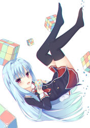 Rule 34 | 1girl, aroma0501, black shirt, black thighhighs, blue hair, blush, bow, chromatic aberration, commentary request, cube x cursed x curious, fear kubrick, fingernails, hair between eyes, highres, holding, long hair, necktie, no shoes, open mouth, pleated skirt, red eyes, red necktie, red skirt, rubik&#039;s cube, sailor collar, school uniform, serafuku, shirt, simple background, skirt, sleeves past wrists, solo, taishuu high school uniform, thighhighs, very long hair, white background, white bow, white sailor collar