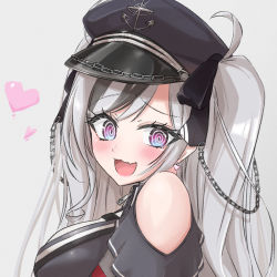 Rule 34 | 1girl, @ @, armband, azur lane, black corset, black dress, black headwear, breasts, clothing cutout, confused, corset, cross, dress, elbe (azur lane), fang, hair between eyes, hat, heart, iron cross, large breasts, layered dress, long hair, multicolored hair, open mouth, peaked cap, red armband, shoulder cutout, simple background, skin fang, streaked hair, uniazi mikan, upper body, white background, white hair