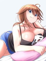 Rule 34 | 1girl, black camisole, blue eyes, blue shorts, breasts, brown hair, camisole, cleavage, cowboy shot, head rest, highres, kay yu, large breasts, long hair, lying, on side, original, pillow, samantha (admiral bahroo), shorts, smile, solo