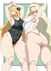Rule 34 | 2girls, ass, blonde hair, breasts, creatures (company), cynthia (pokemon), female focus, game freak, highres, large breasts, long hair, looking at viewer, lusamine (pokemon), multiple girls, nintendo, oryutoo, parted lips, plump, pokemon, pokemon dppt, pokemon sm, swimsuit, thick thighs, thighs, very long hair