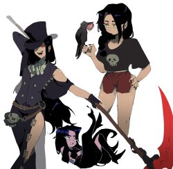 Rule 34 | 1other, androgynous, ascot, asymmetrical sleeves, bare shoulders, black hair, boots, fingerless gloves, gloves, guilty gear, guilty gear strive, hat, hat ornament, highres, holding, holding scythe, long hair, other focus, red eyes, sanshiori, scythe, skull, skull hat ornament, testament (guilty gear), weapon