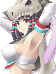 Rule 34 | 1girl, armpits, arms behind head, black hair, blue eyes, bone armor (monster hunter), capcom, face, feathers, from side, lips, midriff, monster hunter (series), skull, smile, solo, yaso shigeru