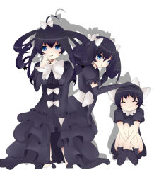 Rule 34 | 10s, 3girls, ^ ^, age difference, black hair, blue eyes, blush, bow, closed eyes, creatures (company), dress, family, game freak, gen 5 pokemon, gloves, gothic lolita, gothita, gothitelle, gothorita, hair bow, image sample, lolita fashion, long hair, mother and daughter, multiple girls, nintendo, open mouth, personification, pixiv sample, pokemon, pokemon bw, resized, short hair, simple background, sitting, smile, twintails