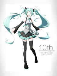 Rule 34 | 1girl, :d, black bow, black footwear, black skirt, black sleeves, blue eyes, blue hair, blue necktie, blue skirt, boots, bow, collared shirt, detached sleeves, dress shirt, floating hair, frilled shirt, frills, hair bow, hatsune miku, highres, long hair, long sleeves, microphone, miniskirt, necktie, open mouth, pleated skirt, shirt, skirt, sleeveless, sleeveless shirt, smile, solo, thigh boots, thighhighs, twintails, two-tone skirt, user dmmt3227, very long hair, vocaloid, white shirt, wing collar, zettai ryouiki