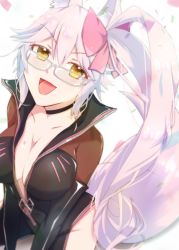Rule 34 | 1girl, absurdres, animal ear fluff, animal ears, artist request, black bodysuit, blush, bodysuit, breasts, center opening, choker, cleavage, collarbone, fang, fate/grand order, fate (series), fox ears, fox girl, fox tail, glasses, hair ribbon, highres, koyanskaya (assassin) (first ascension) (fate), koyanskaya (fate), large breasts, looking at viewer, looking up, open mouth, pink hair, ribbon, ribbon choker, side ponytail, simple background, sitting, solo, tail, tamamo (fate), white-framed eyewear, white background, yellow eyes