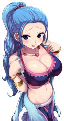 Rule 34 | 1girl, :d, blue eyes, blue hair, blue skirt, bracelet, breasts, cleavage, crop top, earrings, groin, highres, jewelry, kasai shin, large breasts, long hair, looking at viewer, navel, necklace, nefertari vivi, one piece, open mouth, ponytail, simple background, skirt, smile, solo, sweatdrop, white background