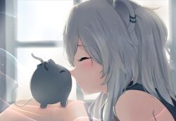 Rule 34 | 1girl, animal ears, backlighting, bare shoulders, blush, bomb, ceilinginmyroom, closed eyes, closed mouth, creature, explosive, from side, grey hair, highres, hololive, indoors, lion ears, long hair, noses touching, profile, shishiro botan, smile, solo, upper body, virtual youtuber, window