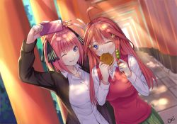 Rule 34 | 2girls, ahoge, arm up, arms up, black cardigan, black ribbon, blue eyes, blunt bangs, blush, breasts, butterfly hair ornament, cardigan, cellphone, da-cart, dango, food, food in mouth, forest, go-toubun no hanayome, green skirt, hair ornament, holding, holding food, large breasts, light rays, long hair, long sleeves, multiple girls, nakano itsuki, nakano nino, nature, one eye closed, open cardigan, open clothes, outdoors, pancake, phone, pink hair, red hair, red vest, ribbon, selfie, shirt, siblings, sisters, skirt, smartphone, smartphone case, smile, star (symbol), star hair ornament, taking picture, tongue, tongue out, torii, twintails, v, vest, wagashi, white shirt