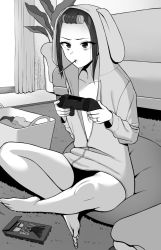 Rule 34 | 1girl, bags under eyes, barefoot, brand name imitation, breasts, carpet, couch, curtains, food, forehead, greyscale, gyouza teishoku, hair roller, highres, hood, hooded jacket, indoors, jacket, monochrome, original, plant, pocky, potted plant, sitting, solo