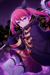 Rule 34 | 1boy, americano beans, americano exodus, bow, cape, city, cityscape, commentary, expressionless, feet out of frame, hair bow, highres, holding, holding staff, jenevan, jitome, looking at viewer, male focus, medium hair, night, night sky, pink hair, pink skirt, purple eyes, skirt, sky, solo, staff, star (sky), starry sky, thighhighs, trap, twintails, white thighhighs, wide sleeves