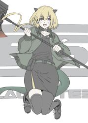 Rule 34 | 1girl, arknights, axe, black dress, black footwear, black thighhighs, blacksteel worldwide logo, blonde hair, blush, commentary, dress, green jacket, highres, holding, holding axe, horns, infection monitor (arknights), jacket, jumping, kyoro (kyoroillust), looking at viewer, open mouth, pointy ears, pouch, purple eyes, short hair, simple background, smile, solo, tail, thighhighs, vanilla (arknights), white background