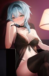 Rule 34 | 1girl, babydoll, bare arms, bare shoulders, black choker, black thighhighs, blue hair, blurry, blush, breasts, choker, commission, crossed legs, eula (genshin impact), front-tie top, genshin impact, hairband, hand up, highres, lampshade, lingerie, looking at viewer, medium breasts, multi-strapped panties, nishibi mitsuba, panties, parted lips, see-through, short hair, sitting, skeb commission, solo, spaghetti strap, strap slip, string panties, thighhighs, underwear, underwear only, yellow eyes
