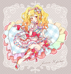Rule 34 | 1girl, aikatsu! (series), aikatsu stars!, bare shoulders, blonde hair, blush, bow, brown eyes, character name, choker, clothing cutout, commentary request, earrings, frilled choker, frilled skirt, frills, full body, gem, gradient hair, hair bow, hairband, heart, heart earrings, heart-shaped pillow, high heels, highres, idol, jewelry, kneehighs, long hair, looking at viewer, midriff, multicolored hair, navel, navel cutout, nijino yume, open mouth, pearl (gemstone), pillow, pink hair, popoin, sitting on pillow, skirt, socks, solo, spaghetti strap, twintails, wrist cuffs