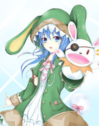 Rule 34 | 1girl, animal hood, blue eyes, blue hair, blush, rabbit hood, rabbit tail, cloak, coat, date a live, dress, green coat, hair between eyes, hand puppet, highres, hood, hood up, hooded cloak, long hair, looking at viewer, open clothes, open coat, puppet, raincoat, solo, tail, white dress, yoshino (date a live), yoshinon