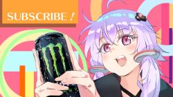 Rule 34 | 1girl, ahoge, black hoodie, blush, can, commentary request, condensation, drink can, energy drink, english text, fang, hair ornament, highres, holding, holding can, hood, hood down, hoodie, looking at viewer, monster energy, multicolored background, portrait, purple hair, red eyes, sadamoto hokuto, short hair with long locks, smile, solo, two-handed, vocaloid, voiceroid, yuzuki yukari
