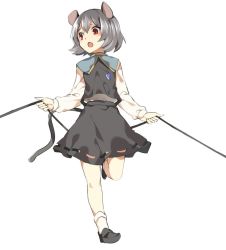 Rule 34 | 1girl, animal ears, bad id, bad twitter id, blush, dowsing rod, full body, grey hair, grey skirt, grey vest, hair between eyes, hasebe yuusaku, jewelry, loafers, long sleeves, looking away, mouse ears, mouse tail, nazrin, open mouth, pendant, puffy long sleeves, puffy sleeves, red eyes, shoes, short hair, skirt, socks, solo, tail, touhou, vest, white socks