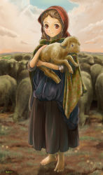 Rule 34 | 10s, 1girl, 2015, absurdres, animal, barefoot, brown hair, chinese zodiac, cloud, fine art parody, highres, holding, holding animal, hood, huumoon, md5 mismatch, original, parody, red eyes, resized, resolution mismatch, sheep, shepherd, signature, smile, source smaller, upscaled