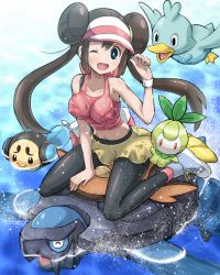 Rule 34 | 10s, 1girl, bag, black pantyhose, breasts, brown hair, carracosta, covered erect nipples, creatures (company), double bun, ducklett, female focus, game freak, gen 5 pokemon, gradient background, hair bun, hat, large breasts, long hair, midriff, nintendo, one eye closed, pantyhose, petilil, pokemoa, pokemon, pokemon (creature), pokemon bw2, rosa (pokemon), see-through, shoes, shorts, skirt, sneakers, stunfisk, tank top, turtle, twintails, tympole, visor cap, wet, wet clothes