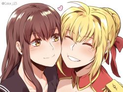 Rule 34 | 10s, 2girls, ahoge, blonde hair, blush, braid, brown eyes, brown hair, cheek-to-cheek, closed eyes, color-les, commentary, english commentary, fate/extra, fate (series), grin, hair ribbon, heads together, heart, kishinami hakuno (female), long hair, looking at another, multiple girls, nero claudius (fate), nero claudius (fate) (all), nero claudius (fate/extra), portrait, red ribbon, ribbon, smile, twitter username, white background, yuri