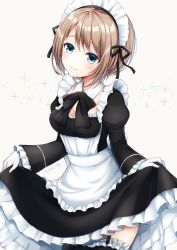 Rule 34 | 1girl, absurdres, apron, black bow, black dress, black thighhighs, blue eyes, blush, bow, breasts, brown hair, cleavage, closed mouth, collar, commentary request, detached collar, dress, eyebrows hidden by hair, frilled apron, frilled dress, frilled thighhighs, frills, gloves, grey background, hair between eyes, highres, juliet sleeves, long sleeves, looking at viewer, maid, maid apron, maid headdress, medium breasts, omoomomo, original, puffy sleeves, short hair, signature, simple background, sleeves past wrists, smile, solo, sparkle, thighhighs, white apron, white collar, white gloves